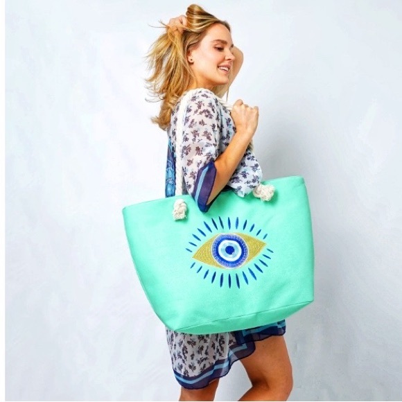 Evil Eye Green Aqua Gold Metallic Embroidered Protection Bohemian 22" Tote Bag - Picture 1 of 10